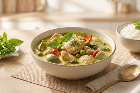 Classic Thai green curry with chicken, eggplant, and Thai basil