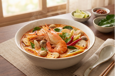 Creamy Thai Tom Yum shrimp soup with mushrooms and aromatic herbs